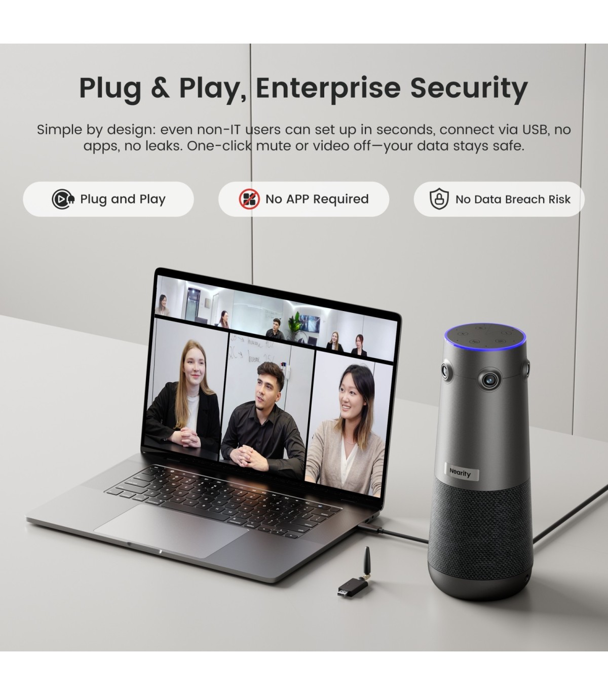 Nearity 360 Alien camera conferinta True 4K 360 | AI speaker tracking, wireless dongle, audio clar pana la 16m, 6 mics, plug&pla