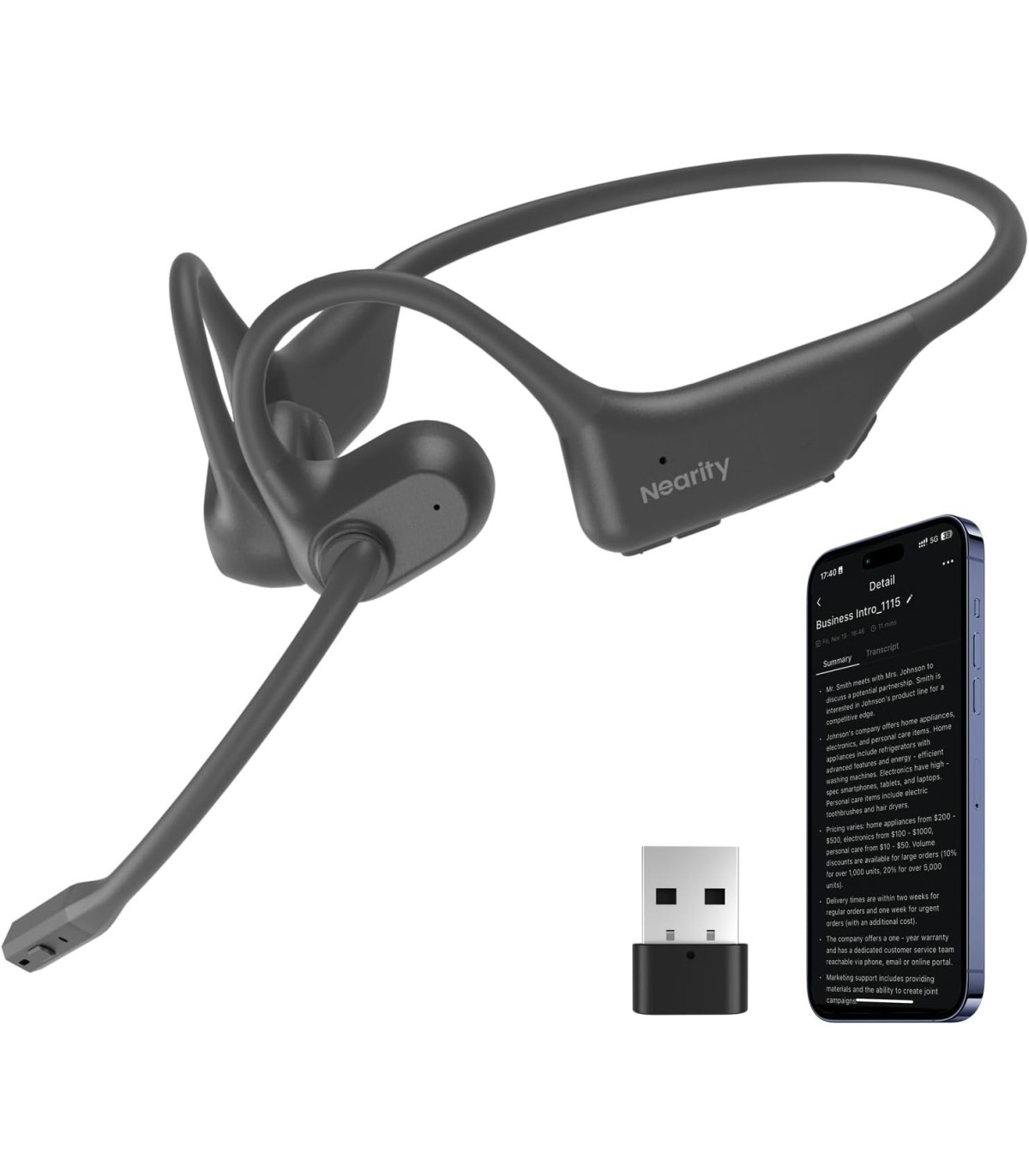 NEARITY MemPod Pro 2S - Casti Bluetooth open-ear cu inregistrare, transcriere AI, sumarizare si noise cancel pentru apeluri clar