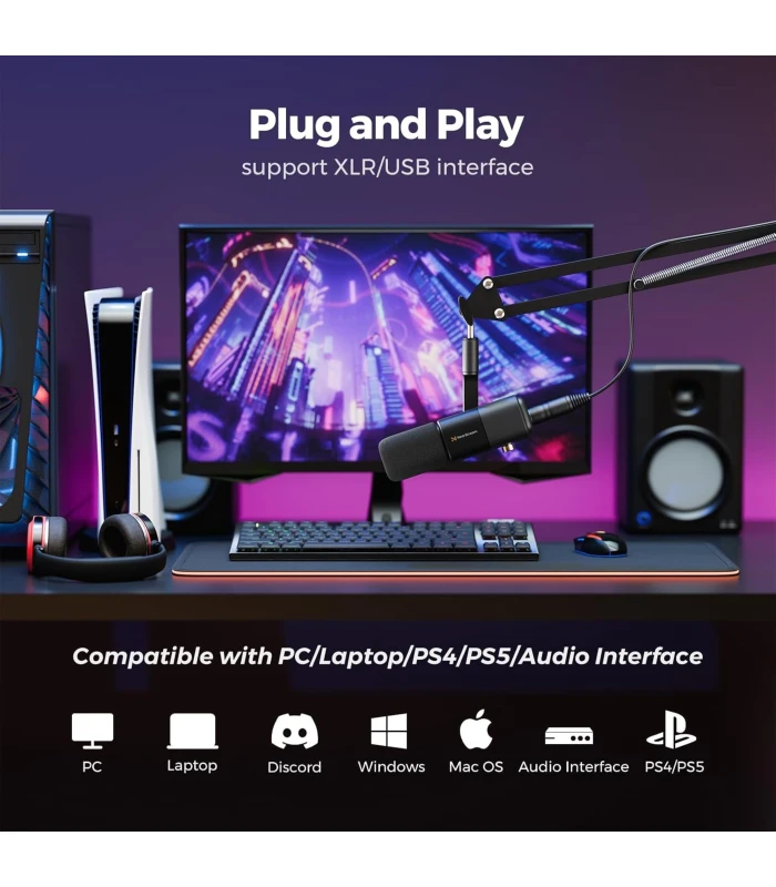 NearStream AM20X microfon condensator USB/XLR cu brat - sunet clar, noise canceling, monitorizare si mute pentru podcast, stream