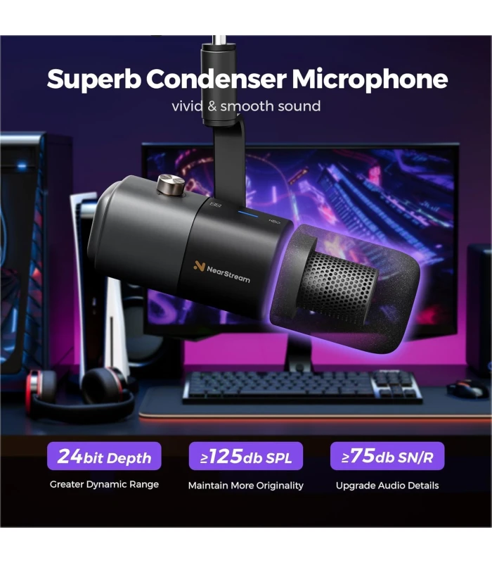 NearStream AM20X microfon condensator USB/XLR cu brat - sunet clar, noise canceling, monitorizare si mute pentru podcast, stream