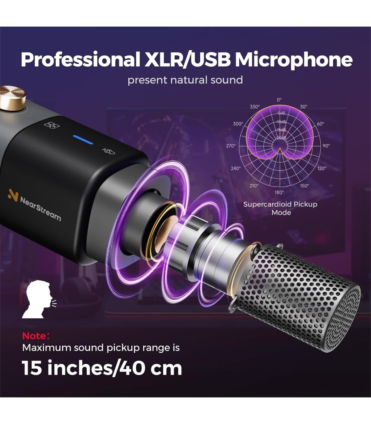NearStream AM20X microfon condensator USB/XLR cu brat - sunet clar, noise canceling, monitorizare si mute pentru podcast, stream