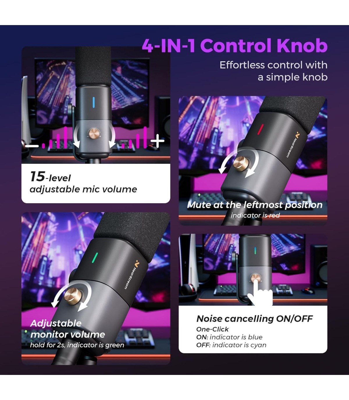 NearStream AM25X microfon condensator USB/XLR cu stativ - supercardioid, AI noise canceling, monitorizare, one-tap mute pt podca
