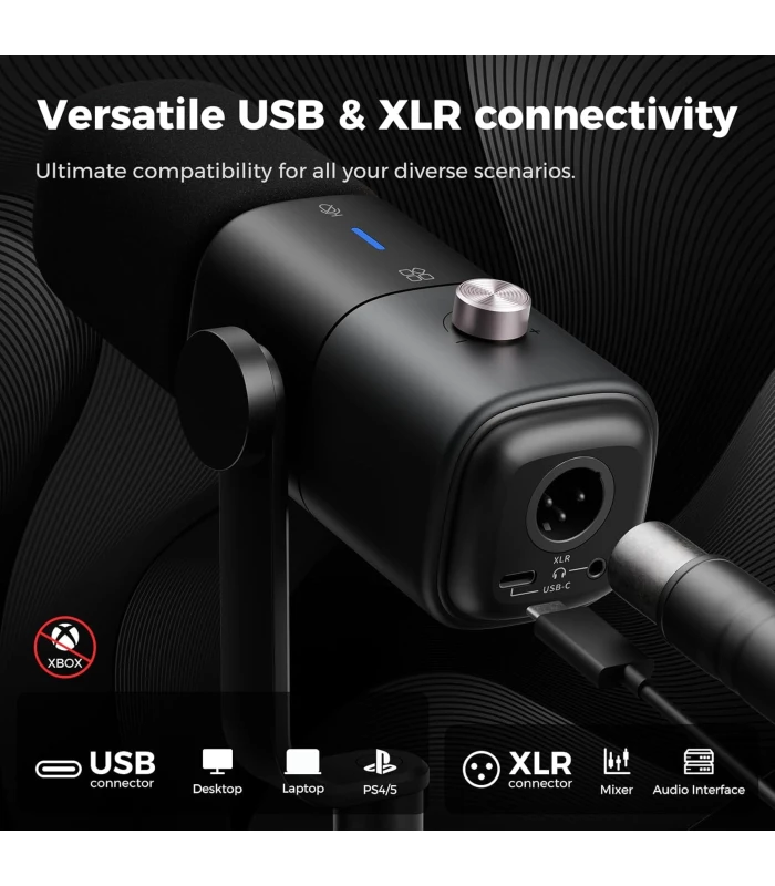 NearStream AM10X microfon dinamic USB/XLR cu brat - noise canceling on/off, monitorizare, gain si mute pentru streaming, podcast
