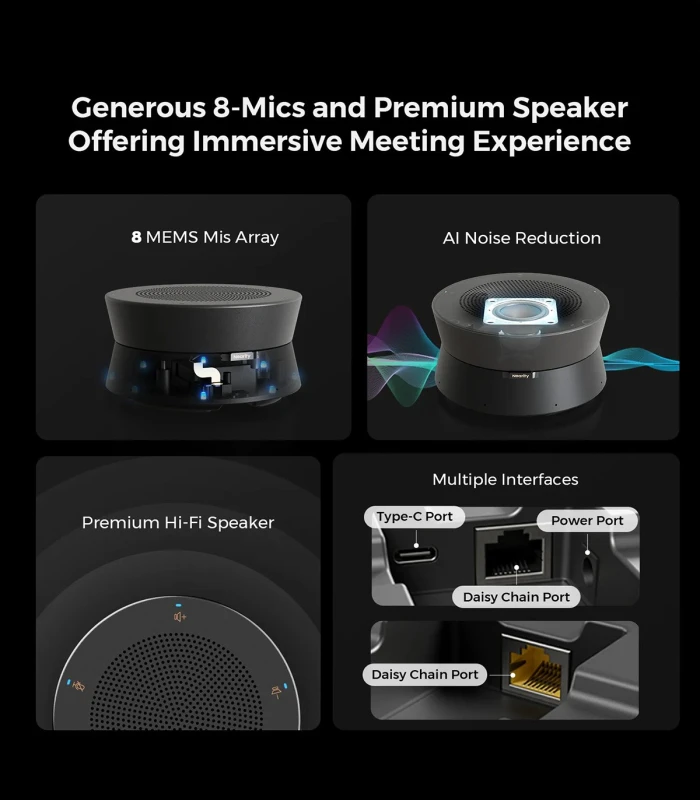 Speakerphone Nearity A20S, 8 microfoane, reducere zgomot AI, difuzor Hi-Fi, daisy chain 6 unitati