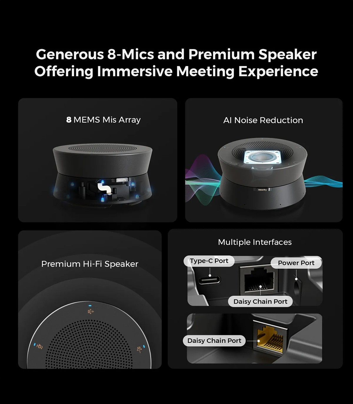 Speakerphone Nearity A20S, 8 microfoane, reducere zgomot AI, difuzor Hi-Fi, daisy chain 6 unitati
